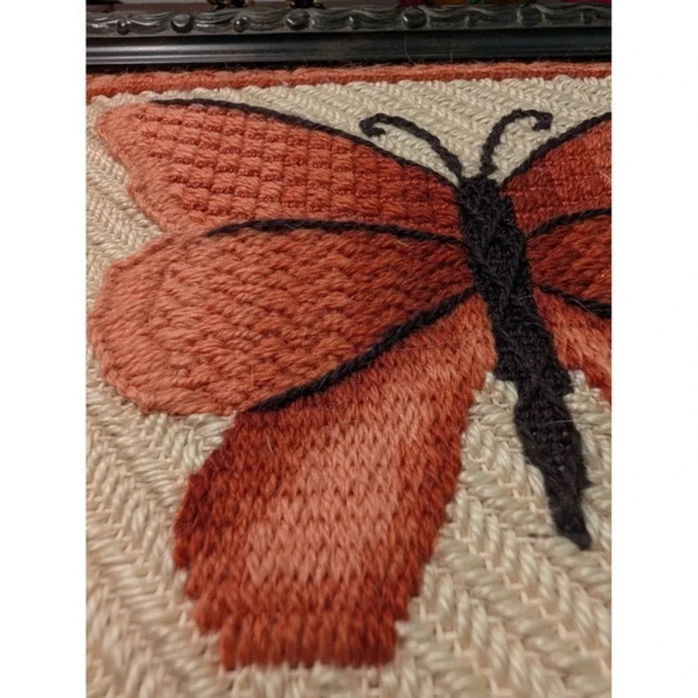 Vintage Handmade‎ Needlepoint Butterfly Framed Art Ornate Black Wood Frame Boho